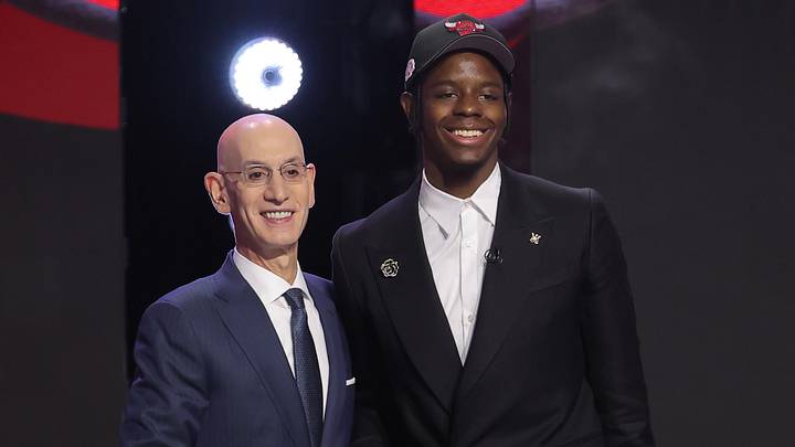 Jun 23, 2026; New York, NY, USA; NBA commissioner Adam Silver greets the fourth pick in the 2026 NBA draft, North Carolina forward Caleb Wilson after he was selected by the Chicago Bulls at Barclays Center. Mandatory Credit: Brad Penner-Imagn Images