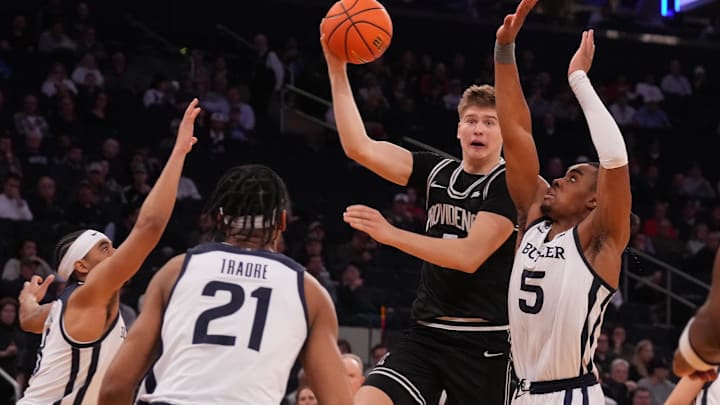 Mar 11, 2026; New York, NY, USA;  Providence Friars guard Stefan Vaaks (7) looks to pass against the Butler Bulldogs defense during the second half at Madison Square Garden. Mandatory Credit: Robert Deutsch-Imagn Images
