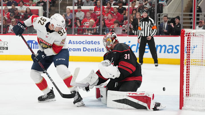 Andersen attempts a save on a shot from Thomas Nosek. Andersen attempts a save on a shot from Thomas Nosek.