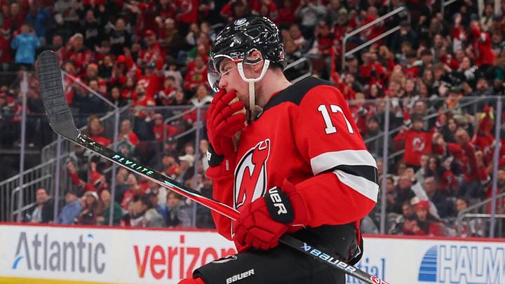 Mar 29, 2026; Newark, New Jersey, USA; New Jersey Devils defenseman Simon Nemec (17) celebrates his goal against the Chicago Blackhawks during the second period at Prudential Center. Mandatory Credit: Ed Mulholland-Imagn Images Mar 29, 2026; Newark, New Jersey, USA; New Jersey Devils defenseman Simon Nemec (17) celebrates his goal against the Chicago Blackhawks during the second period at Prudential Center. Mandatory Credit: Ed Mulholland-Imagn Images