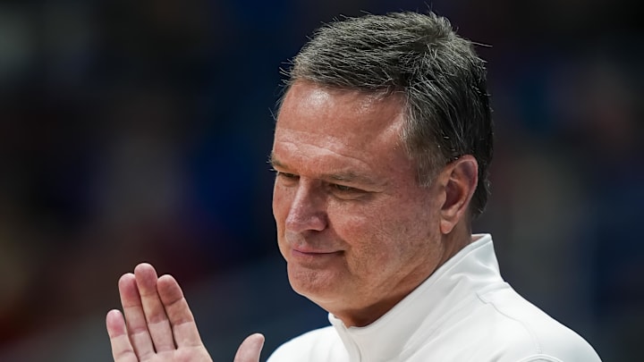 Nov 30, 2024; Lawrence, Kansas, USA; Kansas Jayhawks head coach Bill Self reacts during the second half against the Furman Paladins at Allen Fieldhouse. Mandatory Credit: Jay Biggerstaff-Imagn Images