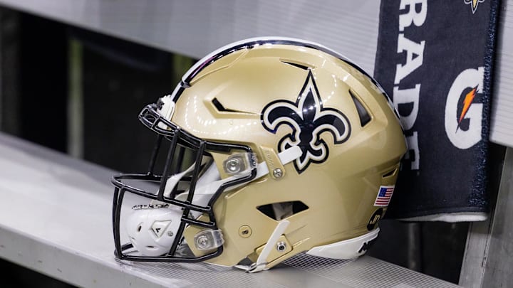 Nov 5, 2023; New Orleans, Louisiana, USA; Detailed view of the New Orleans Saints helmet on the team bench against the Chicago Bears during the first half at the Caesars Superdome. Mandatory Credit: Stephen Lew-Imagn Images Nov 5, 2023; New Orleans, Louisiana, USA; Detailed view of the New Orleans Saints helmet on the team bench against the Chicago Bears during the first half at the Caesars Superdome. Mandatory Credit: Stephen Lew-Imagn Images