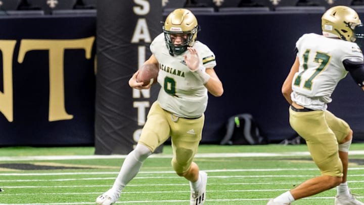 Rams Quarterback Caden DiBetta 9 as The Acadiana Wreckin Rams take on Catholic Baton Rouge in the LHSAA State Football Championship. Friday, Dec. 8, 2023.