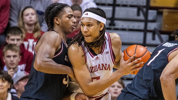 Indiana Hoosiers forward Malik Reneau (5) posts up against South Carolina forward Collin Murray-Boyles (30) at Simon Skjodt Assembly Hall. 