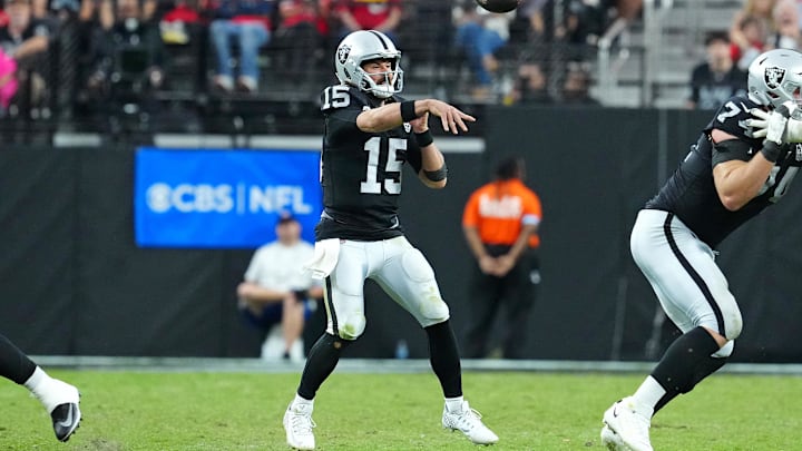 Oct 27, 2024; Paradise, Nevada, USA; Las Vegas Raiders quarterback Gardner Minshew (15) makes a pass attempt against the Kansas City Chiefs during the fourth quarter at Allegiant Stadium. Mandatory Credit: Stephen R. Sylvanie-Imagn Images Oct 27, 2024; Paradise, Nevada, USA; Las Vegas Raiders quarterback Gardner Minshew (15) makes a pass attempt against the Kansas City Chiefs during the fourth quarter at Allegiant Stadium. Mandatory Credit: Stephen R. Sylvanie-Imagn Images