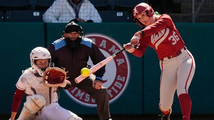 March 17, 2026; Tuscaloosa, AL, USA; Alabama batter Ambrey Taylor connects with a pitch at Rhoads Stadium as the Crimson Tide hosted the University of Louisiana at Monroe.