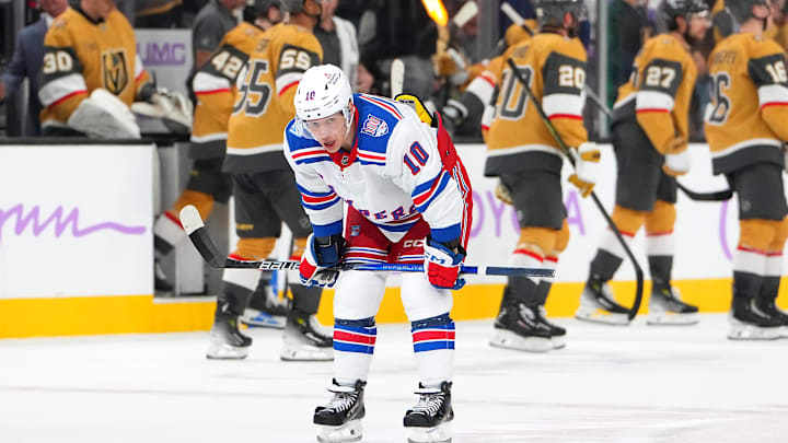 Nov 18, 2025; Las Vegas, Nevada, USA; New York Rangers left wing Artemi Panarin (10) reacts after the Vegas Golden Knights defeated the Rangers 3-2 at T-Mobile Arena. Mandatory Credit: Stephen R. Sylvanie-Imagn Images