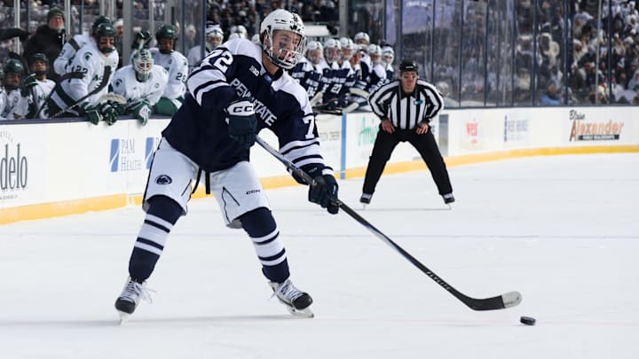 Jan 31, 2026; State College, PA, USA; Penn State Nittany Lions forward Gavin McKenna (72) looks to shoot the puck during the first period against the Michigan State Spartans at Beaver Stadium. Mandatory Credit: Matthew O'Haren-Imagn Images