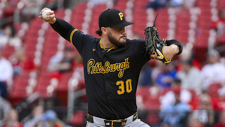 May 6, 2025; St. Louis, Missouri, USA;  Pittsburgh Pirates starting pitcher Paul Skenes (30) pitches against the St. Louis Cardinals during the second inning at Busch Stadium. Mandatory Credit: Jeff Curry-Imagn Images