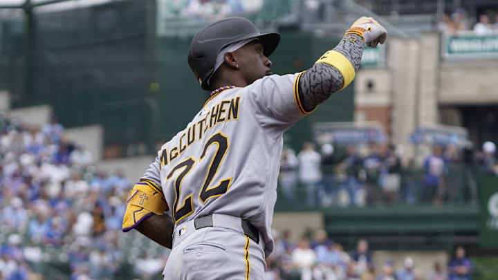 Jun 14, 2025; Chicago, Illinois, USA; Pittsburgh Pirates outfielder Andrew McCutchen (22) gestures after hitting a home run against the Chicago Cubs during the first inning at Wrigley Field. Mandatory Credit: David Banks-Imagn Images