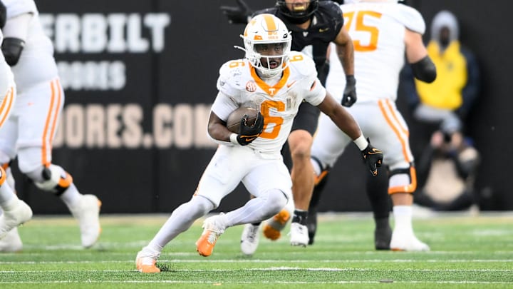 Nov 30, 2024; Nashville, Tennessee, USA;  Tennessee Volunteers running back Dylan Sampson (6) runs the ball against the Vanderbilt Commodores during the second half at FirstBank Stadium. Mandatory Credit: Steve Roberts-Imagn Images