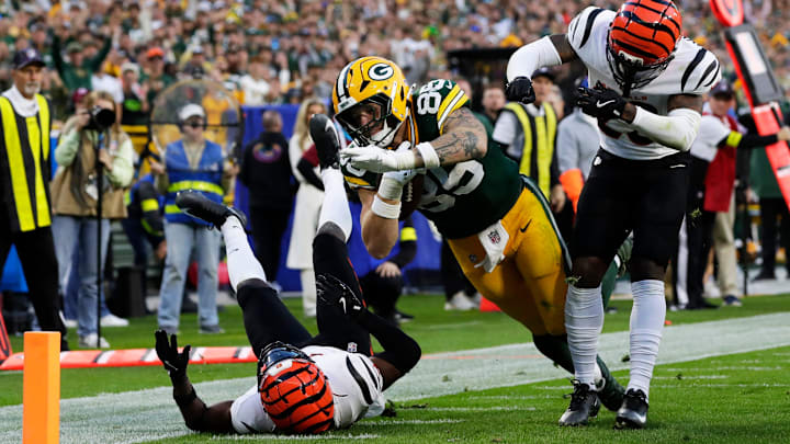 Green Bay Packers tight end Tucker Kraft (85) scores a touchdown during a game against the Cincinnati Bengals on Oct. 12, 2025, at Lambeau Field in Green Bay, Wis. The Packers defeated the Bengals 27-18. Green Bay Packers tight end Tucker Kraft (85) scores a touchdown during a game against the Cincinnati Bengals on Oct. 12, 2025, at Lambeau Field in Green Bay, Wis. The Packers defeated the Bengals 27-18.