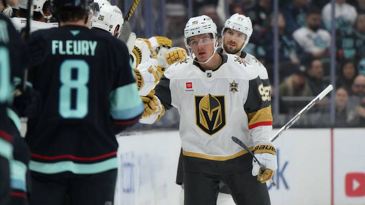 Vegas Golden Knights' Victor Olofsson (95) celebrates with the bench after scoring a goal against the Seattle Kraken during the second period at Climate Pledge Arena. Mandatory Credit: Steven Bisig-Imagn Images Vegas Golden Knights' Victor Olofsson (95) celebrates with the bench after scoring a goal against the Seattle Kraken during the second period at Climate Pledge Arena. Mandatory Credit: Steven Bisig-Imagn Images