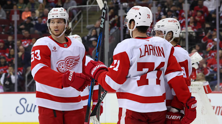 Apr 16, 2025; Newark, New Jersey, USA; Detroit Red Wings center Dylan Larkin (71) celebrates his goal against the New Jersey Devils during the third period at Prudential Center. Mandatory Credit: Ed Mulholland-Imagn Images