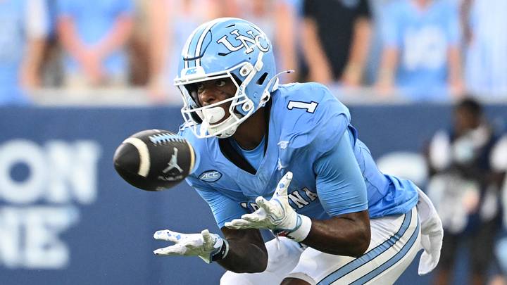 Sep 12, 2026; Chapel Hill, North Carolina, USA; North Carolina Tar Heels wide receiver Jordan Shipp (1) attempts to catch the ball in the third quarter at Kenan Stadium. Mandatory Credit: Bob Donnan-Imagn Images