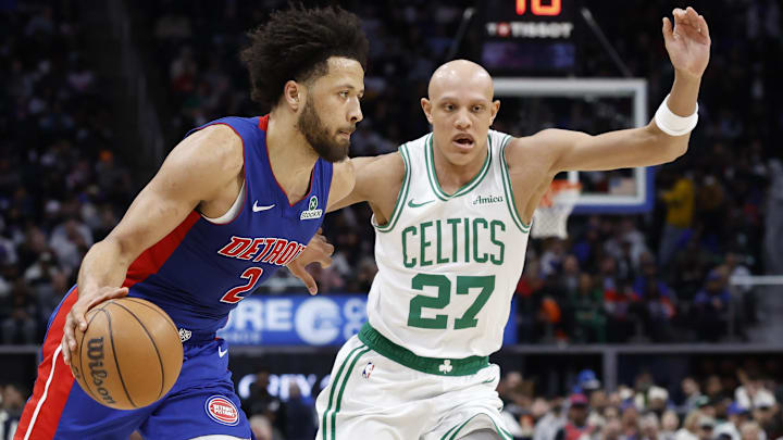 Feb 26, 2025; Detroit, Michigan, USA; Detroit Pistons guard Cade Cunningham (2) dribbles defended by Boston Celtics guard Jordan Walsh (27) in the second half at Little Caesars Arena. Mandatory Credit: Rick Osentoski-Imagn Images Feb 26, 2025; Detroit, Michigan, USA; Detroit Pistons guard Cade Cunningham (2) dribbles defended by Boston Celtics guard Jordan Walsh (27) in the second half at Little Caesars Arena. Mandatory Credit: Rick Osentoski-Imagn Images