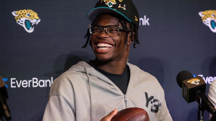 Apr 25, 2025; Jacksonville, FL, USA; Jacksonville Jaguars first round draft pick Travis Hunter talks to the media during a press conference at Miller Electric Center. Mandatory Credit: Travis Register-Imagn Images Apr 25, 2025; Jacksonville, FL, USA; Jacksonville Jaguars first round draft pick Travis Hunter talks to the media during a press conference at Miller Electric Center. Mandatory Credit: Travis Register-Imagn Images