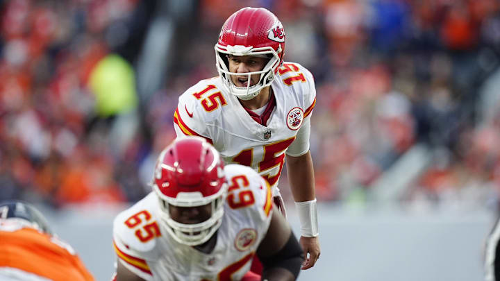 Nov 16, 2025; Denver, Colorado, USA; Kansas City Chiefs quarterback Patrick Mahomes (15) calls out from the line of scrimmage in the third quarter against the Denver Broncos at Empower Field at Mile High. Mandatory Credit: Ron Chenoy-Imagn Images