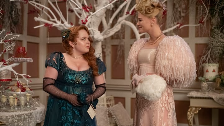 Bridgerton. (L to R) Nicola Coughlan as Penelope Featherington, Jessica Madsen as Cressida Cowper in episode 301 of Bridgerton. Cr. Laurence Cendrowicz/Netflix © 2024