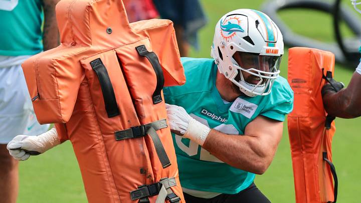 Miami Dolphins defensive tackle Zach Sieler works during practice at the Baptist Health Training Complex. Miami Dolphins defensive tackle Zach Sieler works during practice at the Baptist Health Training Complex.