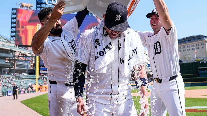 Detroit Tigers left fielder Riley Greene (31), left, and designated hitter Colt Keith (33) give ice bath on first baseman Spencer Torkelson (20) to celebrate Torkelson’s walk-off home run against Milwaukee Brewers at Comerica Park in Detroit on Thursday, April 23, 2026.