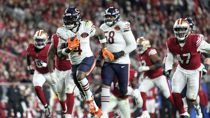 Dec 28, 2025; Santa Clara, California, USA; Chicago Bears running back D'Andre Swift (4) scores a touchdown against the San Francisco 49ers in the second half at Levi's Stadium. Mandatory Credit: Kyle Terada-Imagn Images
