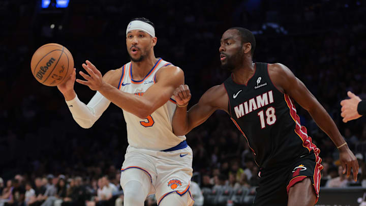 Mar 2, 2025; Miami, Florida, USA; New York Knicks guard Josh Hart (3) passes the ball as Miami Heat guard Alec Burks (18) defends during the first quarter at Kaseya Center. Mandatory Credit: Sam Navarro-Imagn Images