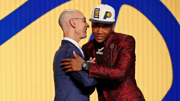 Jun 23, 2022; Brooklyn, NY, USA; Bennedict Mathurin (Arizona) shakes hands with NBA commissioner Adam Silver after being selected as the number six overall pick by the Indiana Pacers in the first round of the 2022 NBA Draft at Barclays Center. Mandatory Credit: Brad Penner-USA TODAY Sports