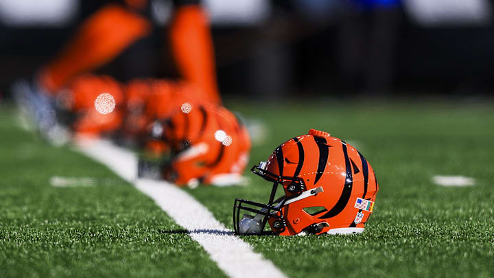 Dec 1, 2024; Cincinnati, Ohio, USA; A general view of a Cincinnati Bengals helmet during warmups before the game against the Pittsburgh Steelers at Paycor Stadium. Mandatory Credit: Katie Stratman-Imagn Images
