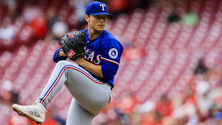 Apr 2, 2025; Cincinnati, Ohio, USA; Texas Rangers starting pitcher Jack Leiter (35) pitches in the second inning against the Cincinnati Reds at Great American Ball Park. 
