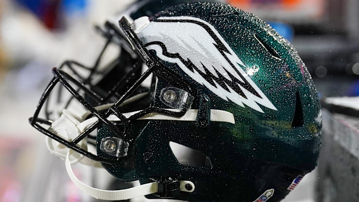 Nov 20, 2023; Kansas City, Missouri, USA; A general view of a Philadelphia Eagles helmet against the Kansas City Chiefs prior to a game at GEHA Field at Arrowhead Stadium. Mandatory Credit: Denny Medley-Imagn Images