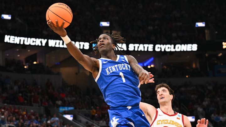 Mar 22, 2026; St. Louis, MO, USA; Kentucky Wildcats guard Denzel Aberdeen (1) shoots a lay up as Iowa State Cyclones forward Milan Momcilovic (22) defends during the second half during a second round game of the men's 2026 NCAA Tournament at Enterprise Center. Mandatory Credit: Jeff Curry-Imagn Images