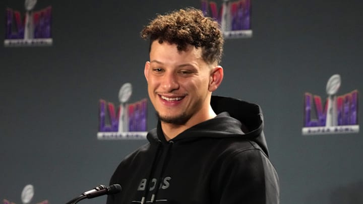 Feb 12, 2024; Las Vegas, NV, USA; Kansas City Chiefs quarterback Patrick Mahomes speaks at the Super