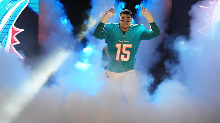 Miami Dolphins linebacker Jaelan Phillips (15) takes the field prior to the game against the Tennessee Titans at Hard Rock Stadium last season.