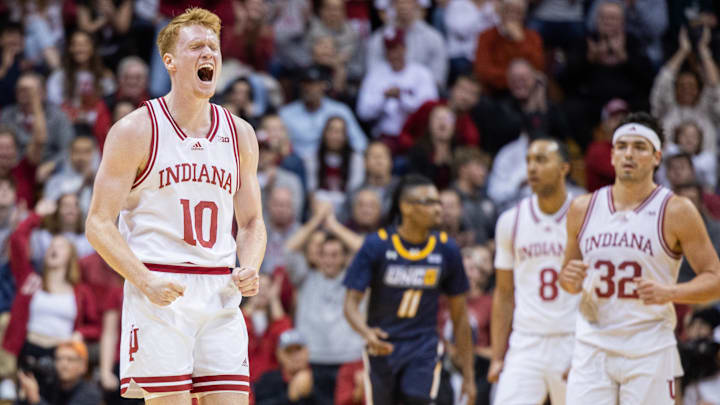 Indiana's Luke Goode (10) celebrates against UNC-Greensboro at Simon Skjodt Assembly Hall. 