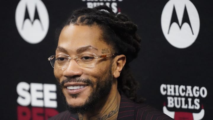 Chicago Bulls and New York Knicks former player Rose speaks during a press conference. Rose will be honored at halftime in a game between the Chicago Bulls and the New York Knicks at United Center. 