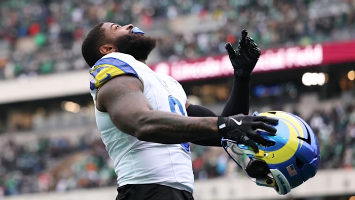 Jan 19, 2025; Philadelphia, Pennsylvania, USA; Los Angeles Rams linebacker Jared Verse (8) before action against the Philadelphia Eagles in a 2025 NFC divisional round game at Lincoln Financial Field. Mandatory Credit: Bill Streicher-Imagn Images