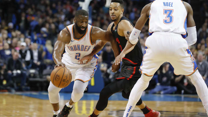 Feb 11, 2019; Oklahoma City, OK, USA; Oklahoma City Thunder guard Raymond Felton (2) drives to the basket as Portland Trail Blazers guard CJ McCollum (3) defends during the first half at Chesapeake Energy Arena. Mandatory Credit: Alonzo Adams-USA TODAY Sports Feb 11, 2019; Oklahoma City, OK, USA; Oklahoma City Thunder guard Raymond Felton (2) drives to the basket as Portland Trail Blazers guard CJ McCollum (3) defends during the first half at Chesapeake Energy Arena. Mandatory Credit: Alonzo Adams-USA TODAY Sports