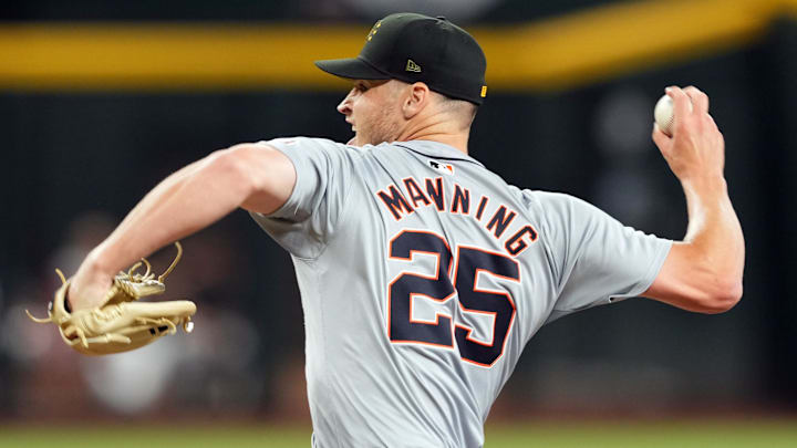 May 19, 2024; Phoenix, Arizona, USA; Detroit Tigers pitcher Matt Manning (25) during the first inning at Chase Field