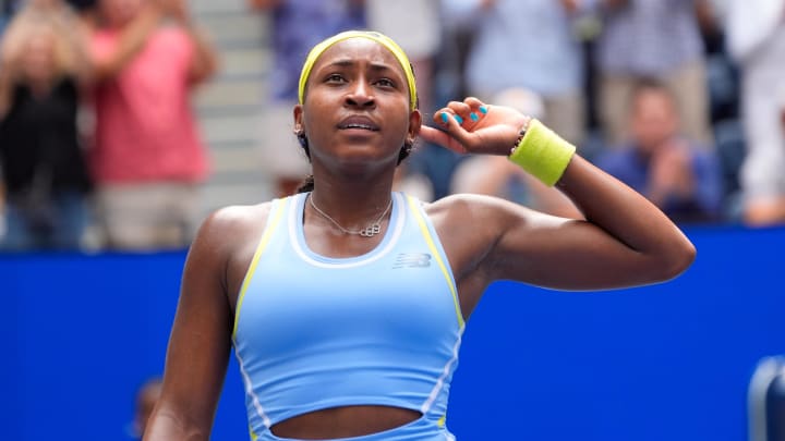 Aug 30, 2024; Flushing, NY, USA;  Coco Gauff (USA) after beating Elina Svitolina (UKR) on day five of the 2024 U.S. Open tennis tournament at USTA Billie Jean King National Tennis Center. Mandatory Credit: Robert Deutsch-USA TODAY Sports