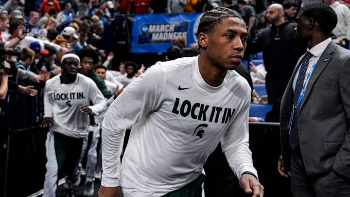 Michigan State guard Jeremy Fears Jr. (1) runs onto the court for warm upl ahead of the game between Michigan State and North Dakota State at the NCAA Tournament First Round at KeyBank Center in Buffalo on Thursday, March 19, 2026. Michigan State guard Jeremy Fears Jr. (1) runs onto the court for warm upl ahead of the game between Michigan State and North Dakota State at the NCAA Tournament First Round at KeyBank Center in Buffalo on Thursday, March 19, 2026.