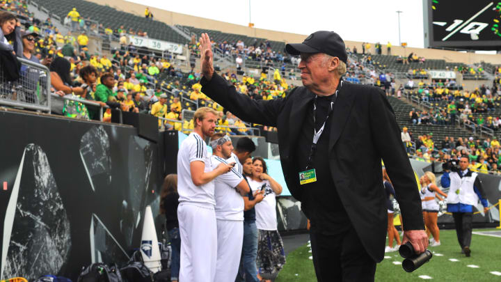 Sep 7, 2019; Eugene, OR, USA; Nike cofounder and current chairman Phil Knight waves to fans before Oregon Ducks play Nevada Wolf Pack at Autzen Stadium. Mandatory Credit: Jaime Valdez-USA TODAY Sports Sep 7, 2019; Eugene, OR, USA; Nike cofounder and current chairman Phil Knight waves to fans before Oregon Ducks play Nevada Wolf Pack at Autzen Stadium. Mandatory Credit: Jaime Valdez-USA TODAY Sports