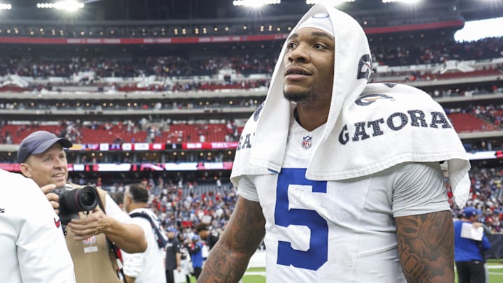 Oct 27, 2024; Houston, Texas, USA; Indianapolis Colts quarterback Anthony Richardson (5) walks on the field after the game against the Houston Texans at NRG Stadium. Mandatory Credit: Troy Taormina-Imagn Images Oct 27, 2024; Houston, Texas, USA; Indianapolis Colts quarterback Anthony Richardson (5) walks on the field after the game against the Houston Texans at NRG Stadium. Mandatory Credit: Troy Taormina-Imagn Images