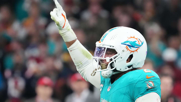Miami Dolphins linebacker Bradley Chubb reacts after a play against the Washington Commanders.
