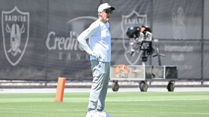Jun 10, 2025; Henderson, NV, USA; Las Vegas Raider head coach Pete Carroll looks on during Las Vegas Raiders Minicamp at Intermountain Health Performance Center. Mandatory Credit: Candice Ward-Imagn Images