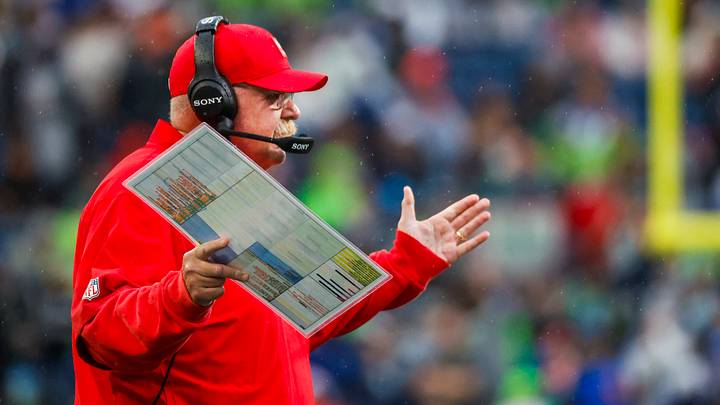 Aug 15, 2025; Seattle, Washington, USA; Kansas City Chiefs head coach Andy Reid reacts to a fourth down stop by the Seattle Seahawks during the first quarter at Lumen Field. Mandatory Credit: Joe Nicholson-Imagn Images