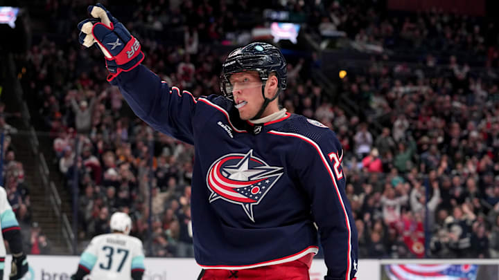 Mar 3, 2023; Columbus, Ohio, USA; Columbus Blue Jackets left wing Patrik Laine (29) reacts to scoring a goal during the second period against the Seattle Kraken at Nationwide Arena. Mandatory Credit: Jason Mowry-USA TODAY Sports