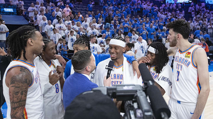May 7, 2024; Oklahoma City, Oklahoma, USA; Oklahoma City Thunder guard Shai Gilgeous-Alexander (2) and members of the team participate in an interview after their win over the Dallas Mavericks in game one of the second round for the 2024 NBA playoffs at Paycom Center. Mandatory Credit: Alonzo Adams-Imagn Images