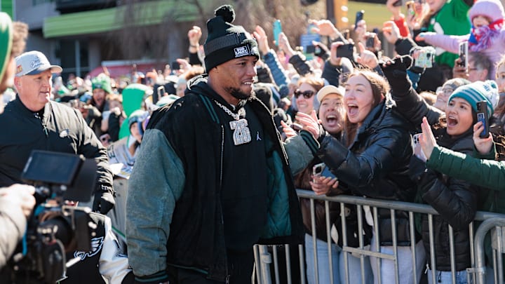 Feb 14, 2025; Philadelphia, PA, USA; Philadelphia Eagles running back Saquon Barkley (26) celebrates during the Super Bowl LIX championship parade and rally. Mandatory Credit: Caean Couto-Imagn Images Feb 14, 2025; Philadelphia, PA, USA; Philadelphia Eagles running back Saquon Barkley (26) celebrates during the Super Bowl LIX championship parade and rally. Mandatory Credit: Caean Couto-Imagn Images