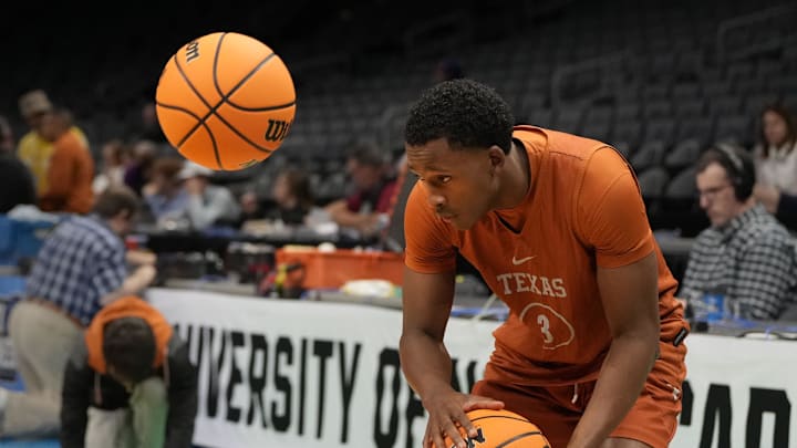 Mar 20, 2024; Charlotte, NC, USA; Texas Longhorns guard Max Abmas (3) during practice at Spectrum Center. Mandatory Credit: Bob Donnan-Imagn Images
